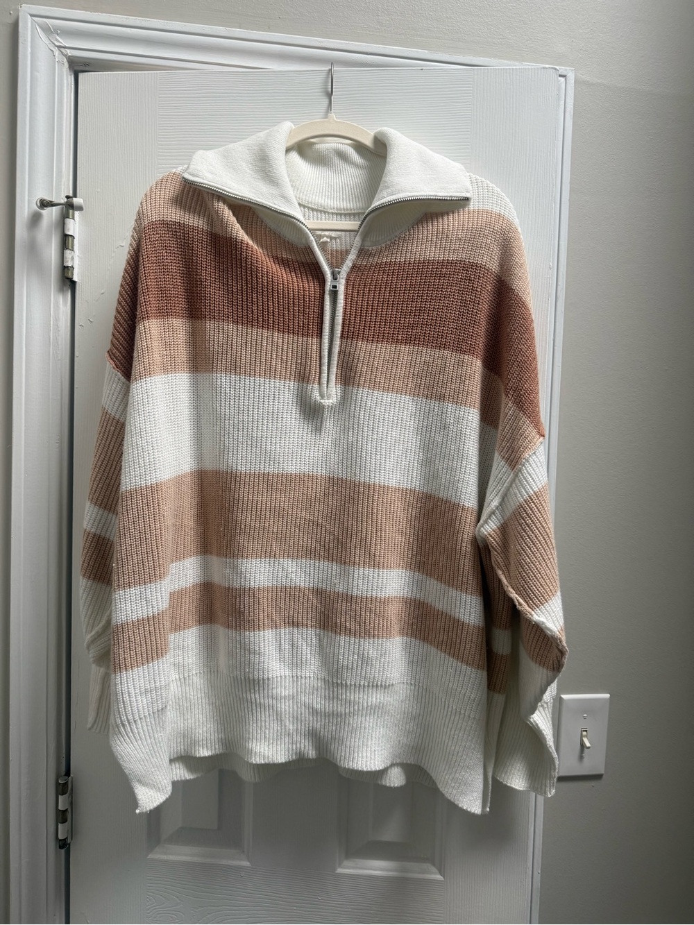 Aerie Striped Half-Zip Pullover Sweater in Cream and Tan